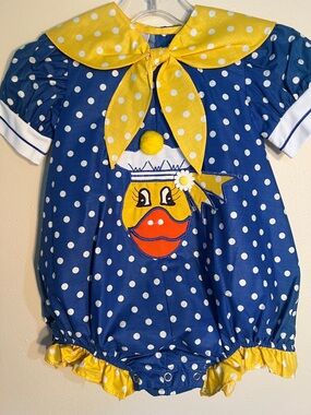 Vintage Kids Blue Polka Dot Romper With Duck Appliqué. Fun!